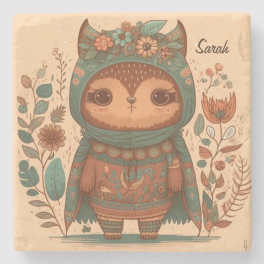 Cute boho floral owl custom stenen onderzetter (Voorkant)