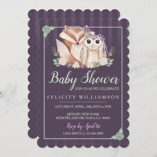Cute Boho Forest Fox & Owl Baby shower Invitation Kaart (Voorkant / Achterkant)