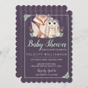 Cute Boho Forest Fox & Owl Baby shower Invitation Kaart