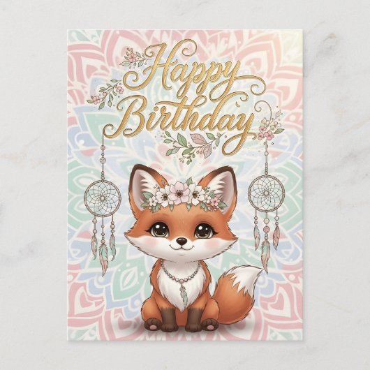 Cute Boho Fox Happy Birthday Card with Dreamcatche Briefkaart (Voorkant)