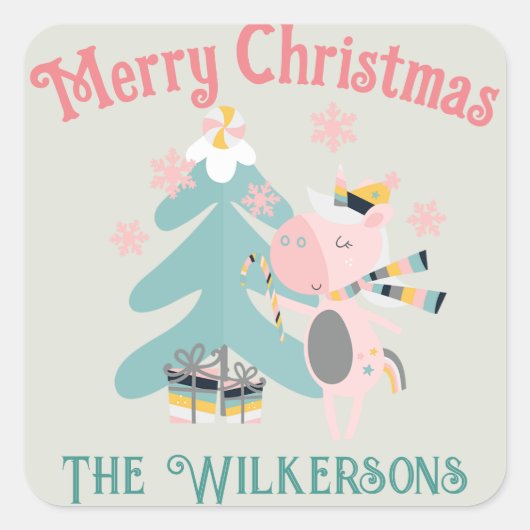 Cute Boho Kerstmis Unicorn op Sage Vierkante Sticker (Voorkant)