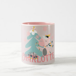 Cute Boho Kerstunicorn met naam op roze Tweekleurige Koffiemok