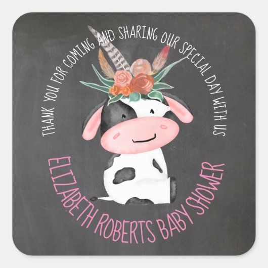 Cute Boho Koe-karton Baby shower Vierkante Sticker (Voorkant)