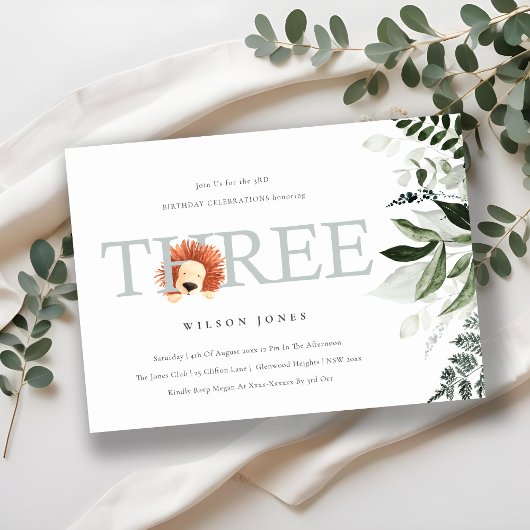 Cute Boho Lion Foliage 3ème Invitation d'anniversa