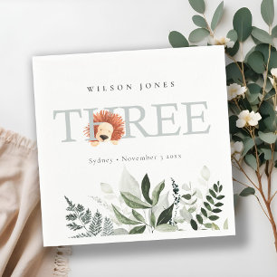 Cute Boho Lion Foliage 3rd Third Birthday Party Servet
