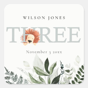 Cute Boho Lion Foliage 3rd Third Birthday Party Vierkante Sticker