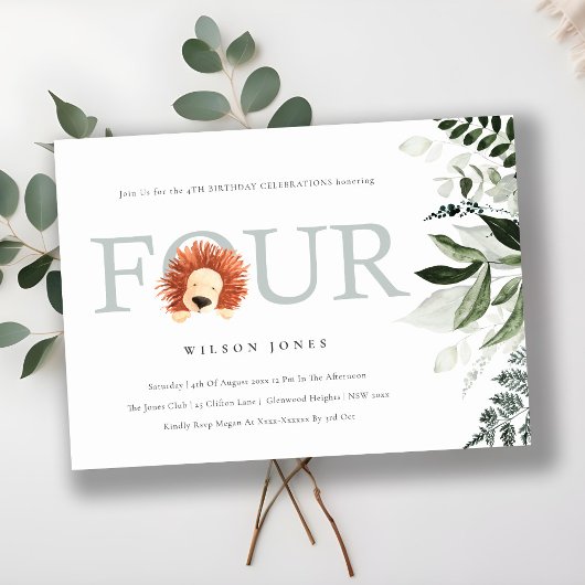 Cute Boho Lion Foliage 4e Invitation d'anniversair