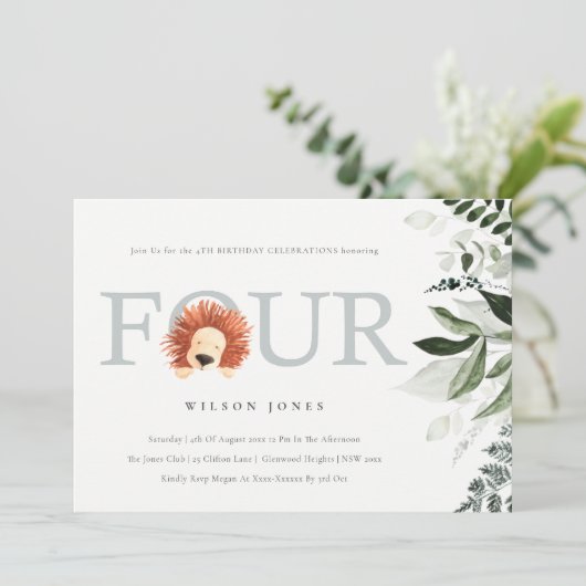 Cute Boho Lion Foliage 4e Invitation d'anniversair (Debout devant)
