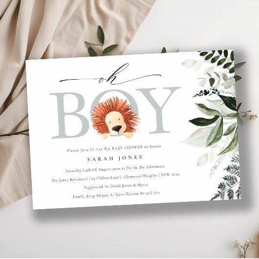 Cute Boho Lion Foliage Oh Boy Baby shower Invite Bedankkaart