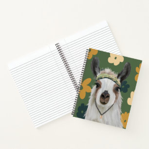 Cute Boho Llama - Green Retro Flowers Notitieboek