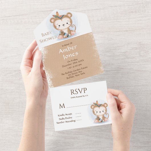 Cute Boho Monkey Baby shower All In One Uitnodiging (Afscheurbaar)