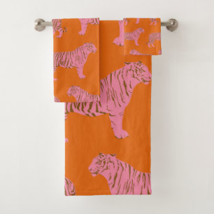 Cute Boho Oranje en Roze Tiger Art Pattern Bad Handdoek