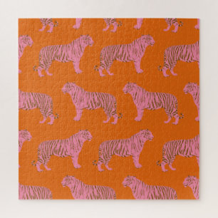 Cute Boho Oranje en Roze Tiger Art Pattern Legpuzzel