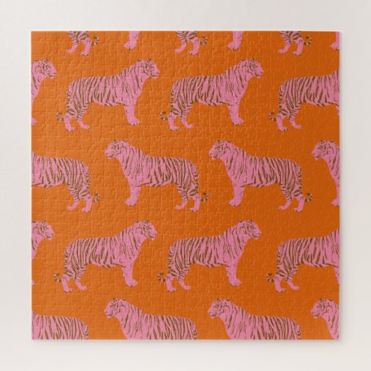 Cute Boho Oranje en Roze Tiger Art Pattern Legpuzzel (Verticaal)
