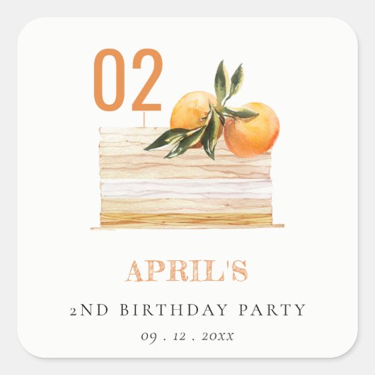 Cute Boho Oranje Fruit Cake any age Birthday Vierkante Sticker (Voorkant)
