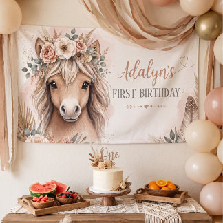 Cute Boho Paard Eerste Verjaardag Meisjes Spandoek