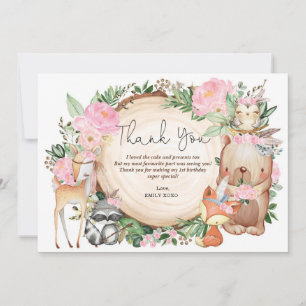 Cute Boho Pink Floral Tribal Woodland Birthday Bedankkaart