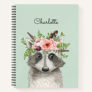 Cute Boho Raccoon met Floral en Feathers Crown Notitieboek