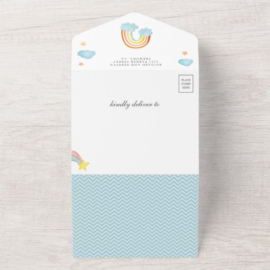 Cute Boho Rainbow Clouds Baby shower All In One Uitnodiging (Buitenkant)