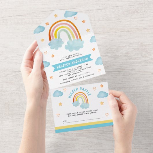 Cute Boho Rainbow Clouds Baby shower All In One Uitnodiging (Afscheurbaar)