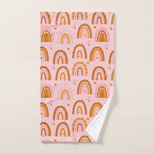 Cute Boho Rainbow Hearts Motif en rose orange (Serviette à main)