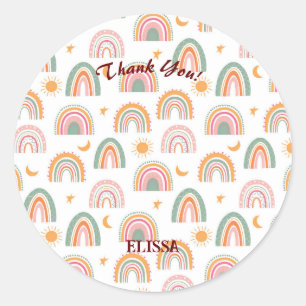 Cute Boho Rainbow Pattern Custom Name Bedankt Ronde Sticker