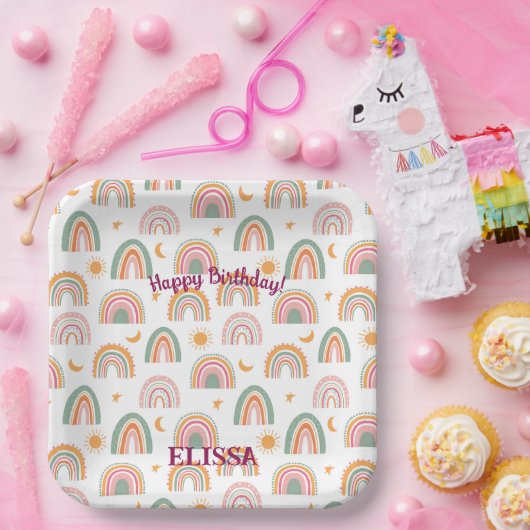 Cute Boho Rainbow Pattern Name Personalized Papieren Bordje (Feest)