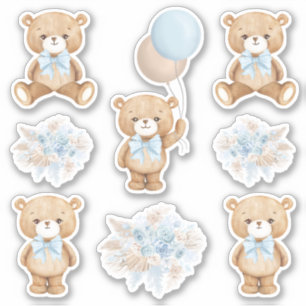 Cute Boho Teddy Bear met Pastel Blue Balloon Sticker