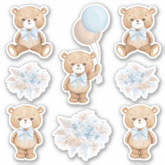 Cute Boho Teddy Bear met Pastel Blue Balloon Sticker (Voorkant)