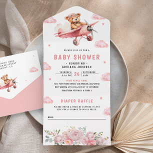 Cute Boho Teddybeer Roze Vliegtuig Baby Shower All In One Uitnodiging