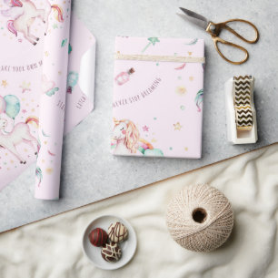 Cute Boho Unicorns Floral Pink Baby shower Cadeaupapier