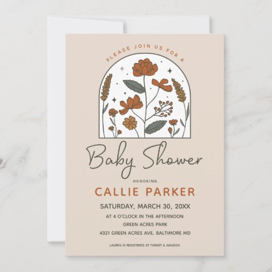 Cute Boho Wildflower Baby shower Invitation Kaart (Voorkant)