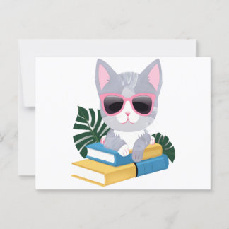 Cute Bookish Cat with Pink Glasses – Kawaii Smart  Briefkaart