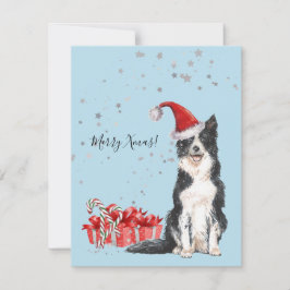 Cute Border Collie met Santa Hat Waterverf Art Feestdagenkaart