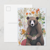 Cute bosbeer met lente bloemen natuur kunst briefkaart (Voorkant / Achterkant)