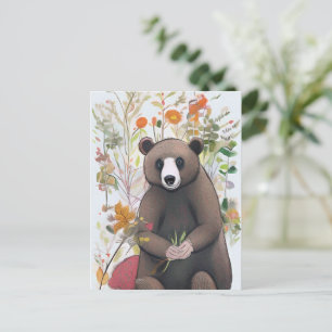 Cute bosbeer met lentebloemen natuurkunst briefkaart