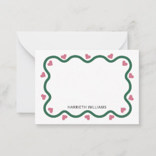 Cute bosgroene golflijnrand en roze hart notitiekaartje