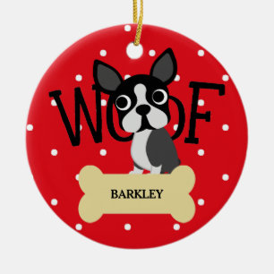 Cute Boston Terrier en Gold Bone en Red Stippen Keramisch Ornament