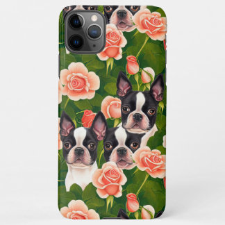Cute Boston Terriers Enchanted Pink Rose Garden iPhone 11Pro Max Hoesje