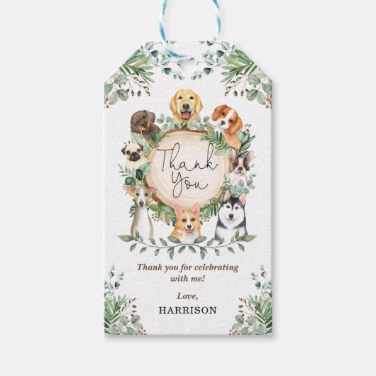 Cute Botanical Forest Puppy Dogs Hartelijk dank Cadeaulabel (Voorkant)