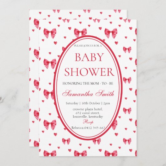 Cute Bow & coeur Baby shower Invitation (Devant / Derrière)