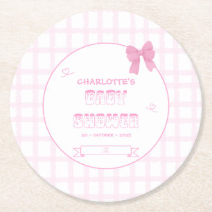 Cute Bow Pastel Roze Geruite Baby Shower Ronde Kartonnen Onderzetter