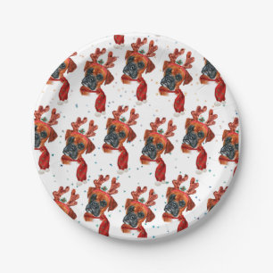 Cute Boxer Dog met Reindeer Antlers Kerstmis Papieren Bordje