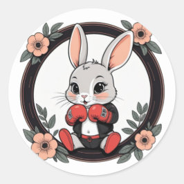 Cute Boxing Bunny with Flowers Ronde Sticker