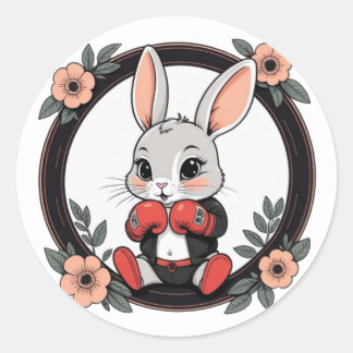 Cute Boxing Bunny with Flowers Ronde Sticker