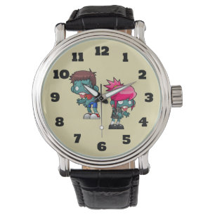 Cute Boy and Girl Zombie Illustration Horloge