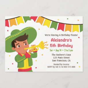 Cute Boy and Trumpet Mexican Fiesta Birthday Party Kaart
