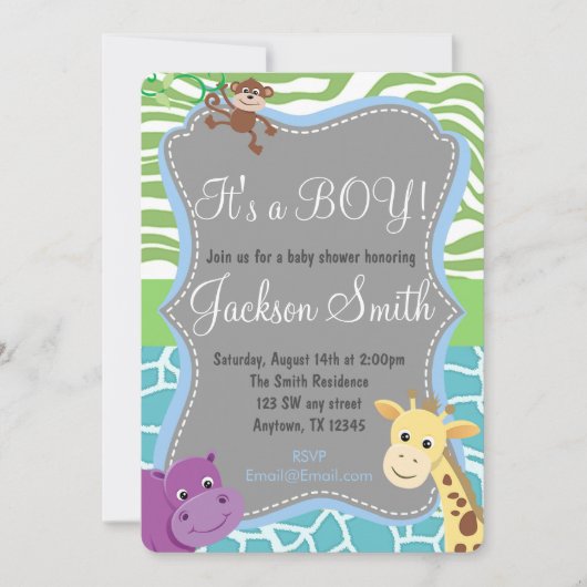 Cute Boy Baby shower Zoo Invitation d'animaux (Devant)