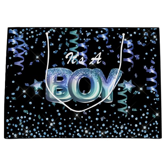 Cute boy baby shower zwarte blauwe glitter ster groot cadeauzakje (Voorkant)