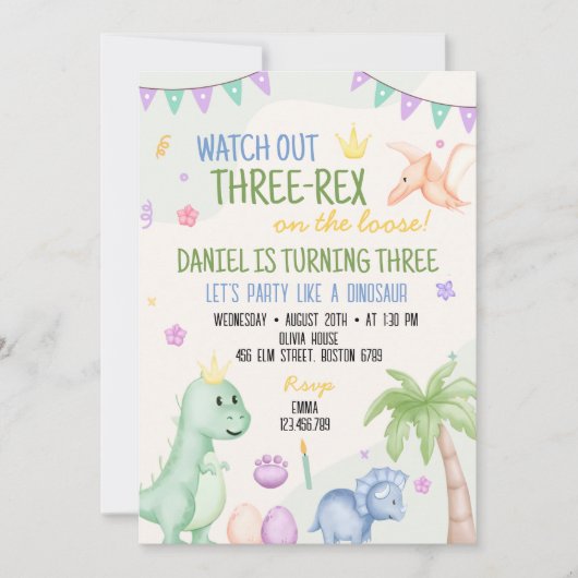 Cute Boy Dinosaur Invitation de fête d'anniversair (Devant)